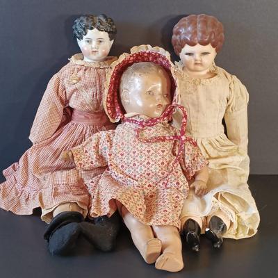 LOT 331: Set of (2) Antique Porcelain Head Dolls with Composition Baby Doll