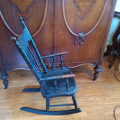 LOT 333: Heywood Brothers and Wakefield Children's Rocking Chair w/ Mrs. Beasley Doll & Antique Gund Teddy Bear