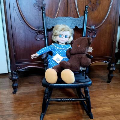 LOT 333: Heywood Brothers and Wakefield Children's Rocking Chair w/ Mrs. Beasley Doll & Antique Gund Teddy Bear