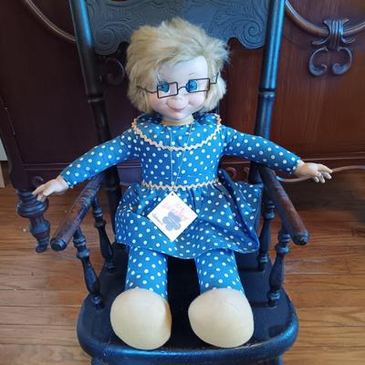 LOT 333: Heywood Brothers and Wakefield Children's Rocking Chair w/ Mrs. Beasley Doll & Antique Gund Teddy Bear