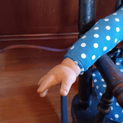 LOT 333: Heywood Brothers and Wakefield Children's Rocking Chair w/ Mrs. Beasley Doll & Antique Gund Teddy Bear