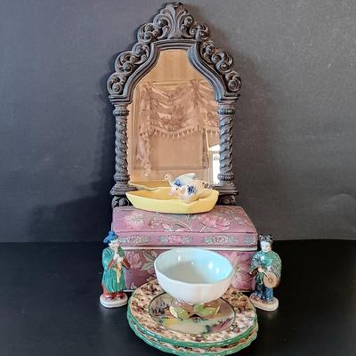 LOT 335: Syroco Framed Mirror, Secla Pottery Bowl, Enameled Porcelain Box & More