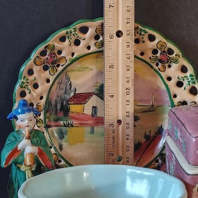 LOT 335: Syroco Framed Mirror, Secla Pottery Bowl, Enameled Porcelain Box & More