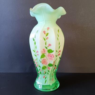 LOT 338: Green Cased Glass Vase w/ Lenox Bud Vases & Vintage Framed Photo