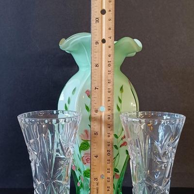 LOT 338: Green Cased Glass Vase w/ Lenox Bud Vases & Vintage Framed Photo