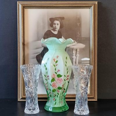 LOT 338: Green Cased Glass Vase w/ Lenox Bud Vases & Vintage Framed Photo