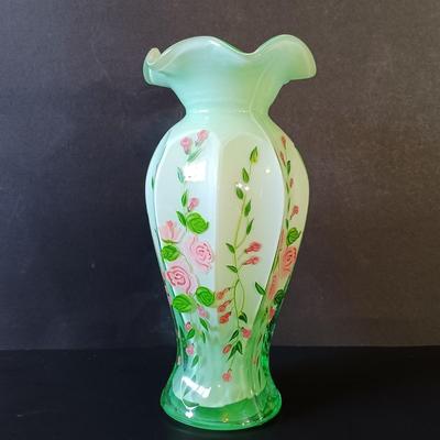 LOT 338: Green Cased Glass Vase w/ Lenox Bud Vases & Vintage Framed Photo