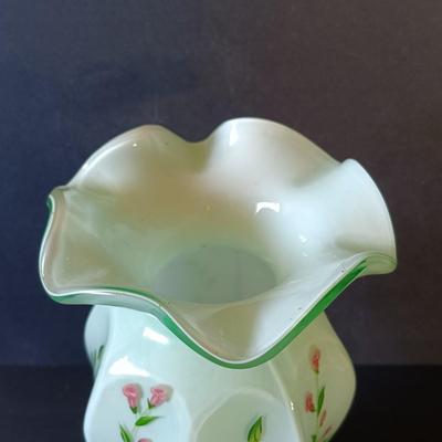 LOT 338: Green Cased Glass Vase w/ Lenox Bud Vases & Vintage Framed Photo