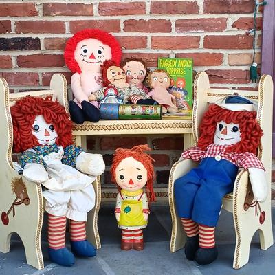 LOT 334: Raggedy Ann and Andy Dickey Mountain Crafts Handpainted Children's Furniture, Campbell's Kids Dolls, Raggedy Ann Coin...