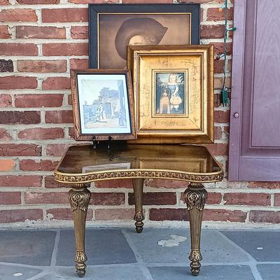 LOT 348: Vintage Regency-Style Gilded Glass Top End Table w/ Art Prints