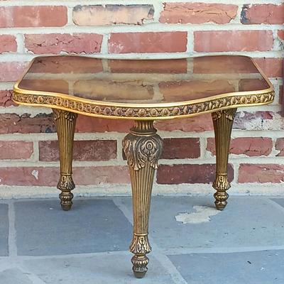 LOT 348: Vintage Regency-Style Gilded Glass Top End Table w/ Art Prints