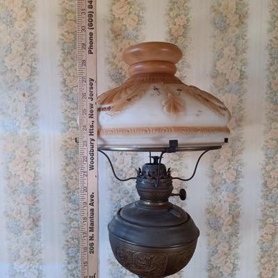 LOT 383: Victorian-Style Brass and Stone Oil Lamp with Glass Shade