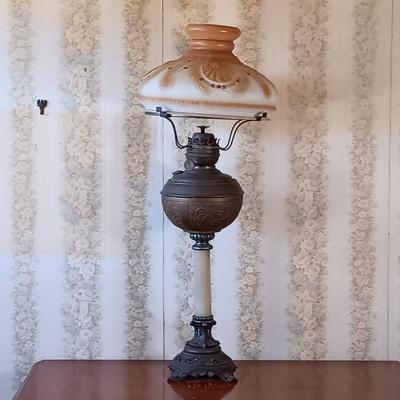 LOT 383: Victorian-Style Brass and Stone Oil Lamp with Glass Shade