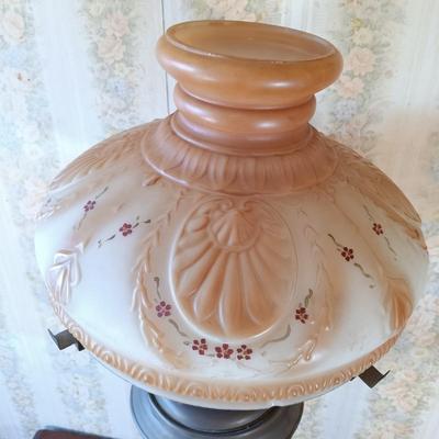 LOT 383: Victorian-Style Brass and Stone Oil Lamp with Glass Shade