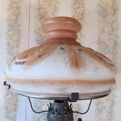 LOT 383: Victorian-Style Brass and Stone Oil Lamp with Glass Shade