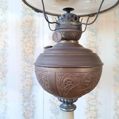 LOT 383: Victorian-Style Brass and Stone Oil Lamp with Glass Shade