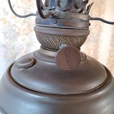 LOT 383: Victorian-Style Brass and Stone Oil Lamp with Glass Shade