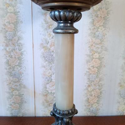 LOT 383: Victorian-Style Brass and Stone Oil Lamp with Glass Shade