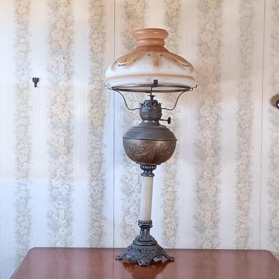LOT 383: Victorian-Style Brass and Stone Oil Lamp with Glass Shade