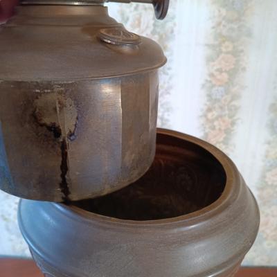 LOT 383: Victorian-Style Brass and Stone Oil Lamp with Glass Shade