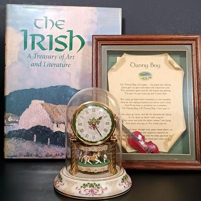 LOT 390: The Franklin Mint Carousel Clock, Danny Boy Poem Music Box Frame & 'The Irish' Coffee Table Book