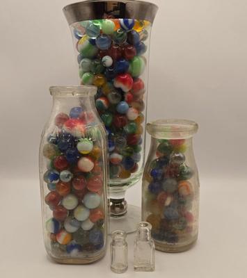 LOT 56K: Don't Lose Your Marbles! Glass Vase, & 2 Abbott Bottles filled with Glass Marbles and 2 Miniature Bottles