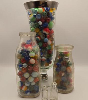LOT 56K: Don't Lose Your Marbles! Glass Vase, & 2 Abbott Bottles filled with Glass Marbles and 2 Miniature Bottles