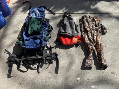 COLEMAN BACKPACK, RAIN PANTS (MED) AND KELTY PACK