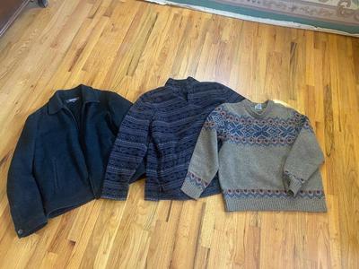 MEN’S KENNETH COLE COAT-XL, L.L. BEAN WOOL SWEATER-L, & SOFT FLEECE PULLOVER -XL