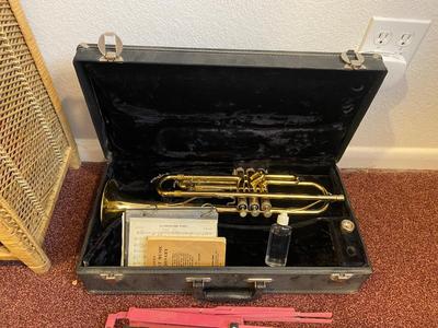 HOLTON BRASS TRUMPET WITH CASE, SLIDE OIL, MUSIC AND PINK LYRE