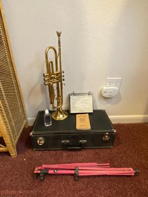 HOLTON BRASS TRUMPET WITH CASE, SLIDE OIL, MUSIC AND PINK LYRE