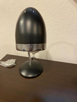 NEWER CONTEMPORARY DESK, VINTAGE CAST IRON AND WOOD STOOL AND A DESK LAMP