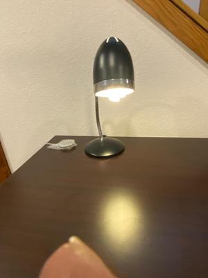 NEWER CONTEMPORARY DESK, VINTAGE CAST IRON AND WOOD STOOL AND A DESK LAMP