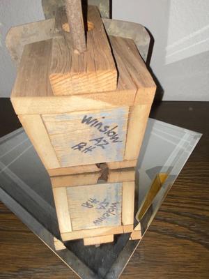 VINTAGE OIL LAMP CONVERTED TO A TABLE LAMP, A TIN AND WOOD BIRD HOUSE WITH FLAT DECORATIVE MIRROR