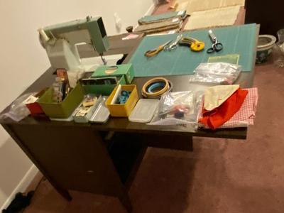 VINTAGE DRESSMAKERS SEWING MACHINE IN CABINET WITH SEWING NOTIONS AND MORE