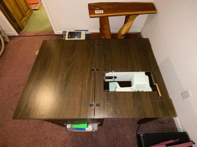 VINTAGE DRESSMAKERS SEWING MACHINE IN CABINET WITH SEWING NOTIONS AND MORE