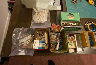 VINTAGE DRESSMAKERS SEWING MACHINE IN CABINET WITH SEWING NOTIONS AND MORE