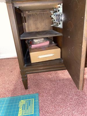 VINTAGE DRESSMAKERS SEWING MACHINE IN CABINET WITH SEWING NOTIONS AND MORE