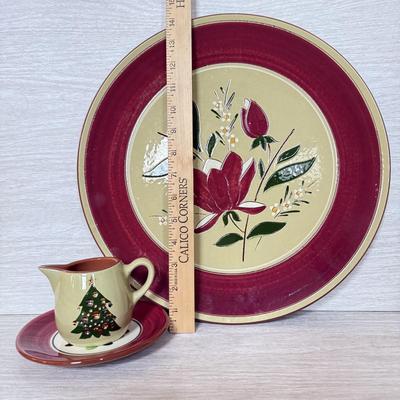 LOT 165K: Vintage Stangl Holiday Collection: Magnolia 14" Platter, Christmas Tree Cream Pitcher & Cranberry Saucer