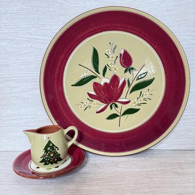 LOT 165K: Vintage Stangl Holiday Collection: Magnolia 14" Platter, Christmas Tree Cream Pitcher & Cranberry Saucer