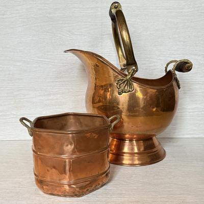 LOT 183F: Victorian Era Copper Coal Scuttle & Copper Handled Basket