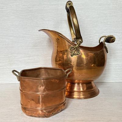 LOT 183F: Victorian Era Copper Coal Scuttle & Copper Handled Basket