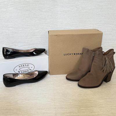 LOT 199D: Ladies' Shoes w/ Boxes: Lucky Brand Brindle Bridgetown Boodies (7) & Steve Madden Patent Leather Flats (7.5)