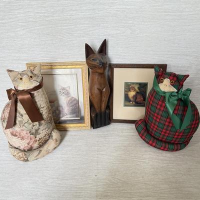 LOT 214D: Cat Lover's Collection: Framed Prints, Wood Sculpture & Soft Doorstops