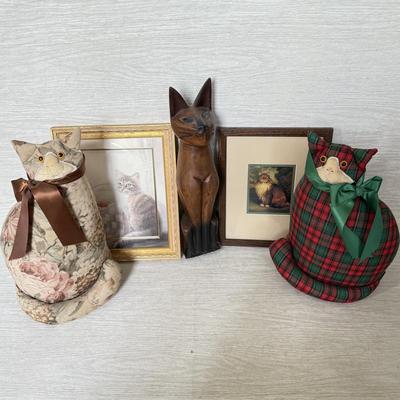 LOT 214D: Cat Lover's Collection: Framed Prints, Wood Sculpture & Soft Doorstops