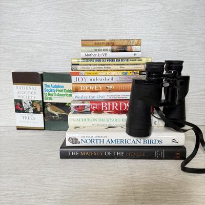 LOT 218D: Bird & Animal Books w/ Bushnell Insta-Focus Sportview Binoculars
