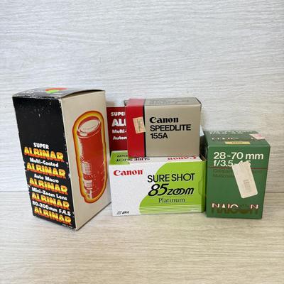 LOT 277K: Canon Sure Shot 85 Zoom Platinum 35mm & Camera Accessories: Canon Speedlite 155A, Super Albinar Multi-Coated Mini-Zoom...