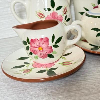 LOT 280: Vintage Stangl Wild Rose Tea Cups & Saucers w/ Sugar Bowl, Creamer & Pitcher