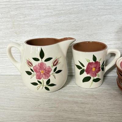 LOT 280: Vintage Stangl Wild Rose Tea Cups & Saucers w/ Sugar Bowl, Creamer & Pitcher