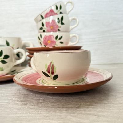 LOT 280: Vintage Stangl Wild Rose Tea Cups & Saucers w/ Sugar Bowl, Creamer & Pitcher